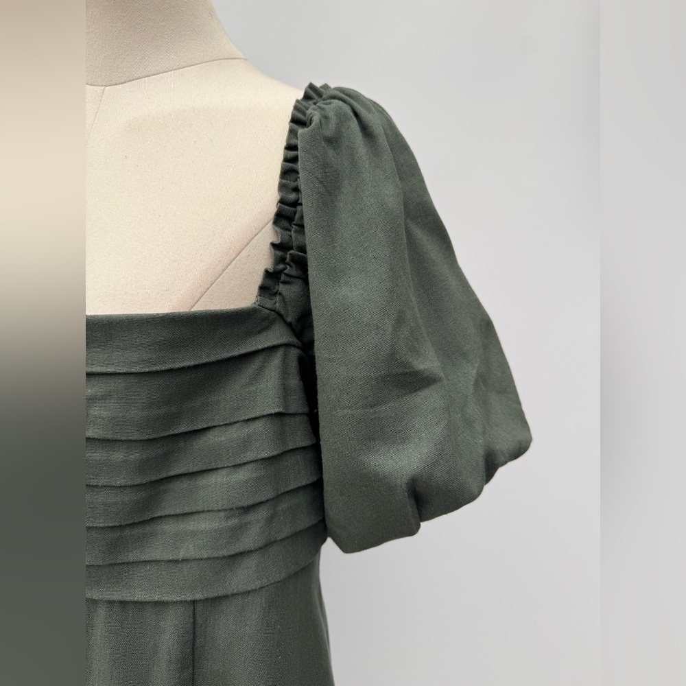 Mi Ami For Francesca’s Elegant Olive Green Puff Sleeve Midi Dress – Square Neck - Picture 7 of 15